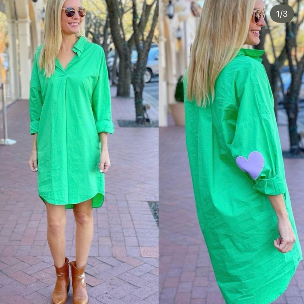 Caryn Lawn Preppy Shirt Dress Green with Heart Detail OS Masters Wimbledon